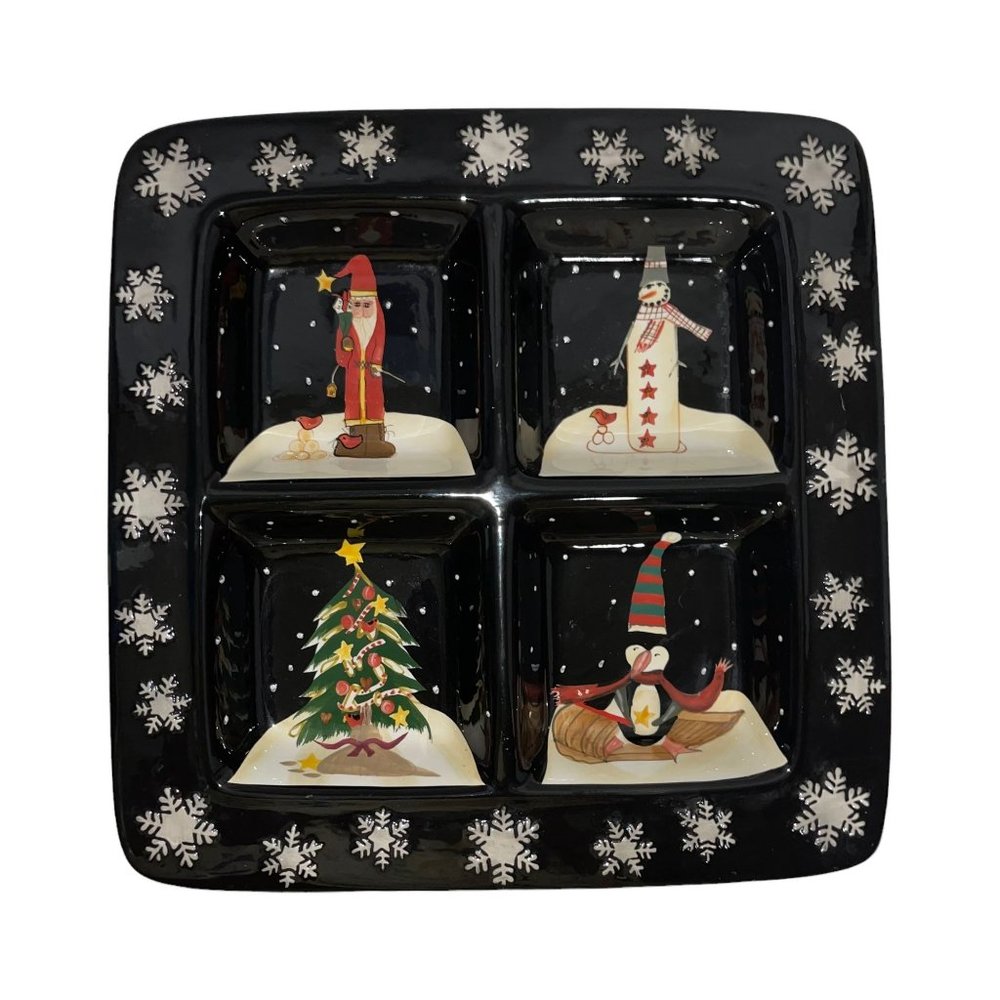 Certified International Becca Barton Midnight Penguin Santa Compartment Platter
